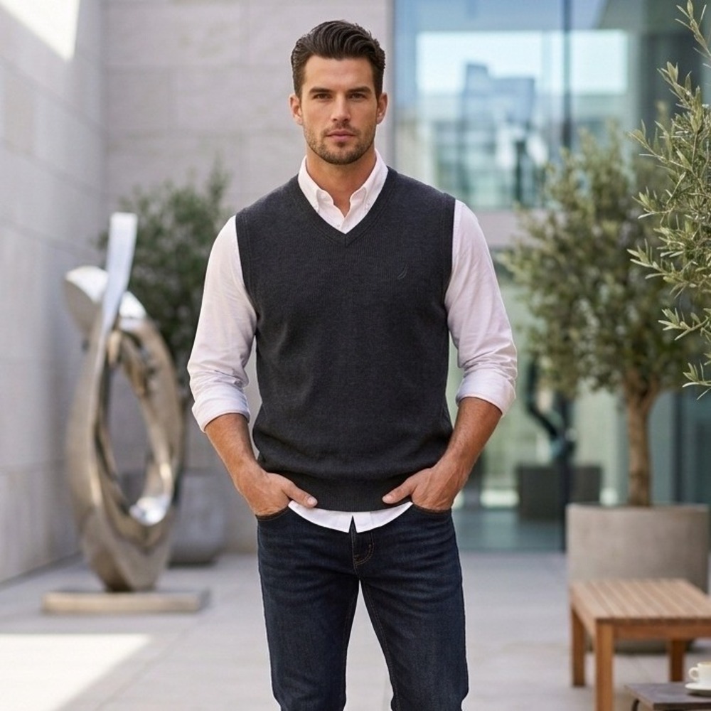 Nautica Mens Large Navy Blue Sweater Vest V-Neck Ribbed Cotton Solid